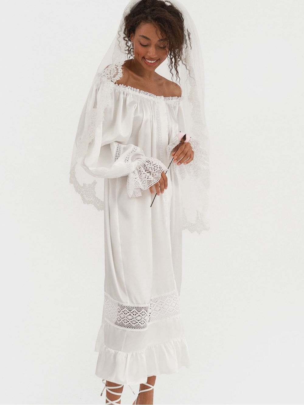 Sleeper Paloma Off-the-Shoulder Cream-White Lace Trim Dress
